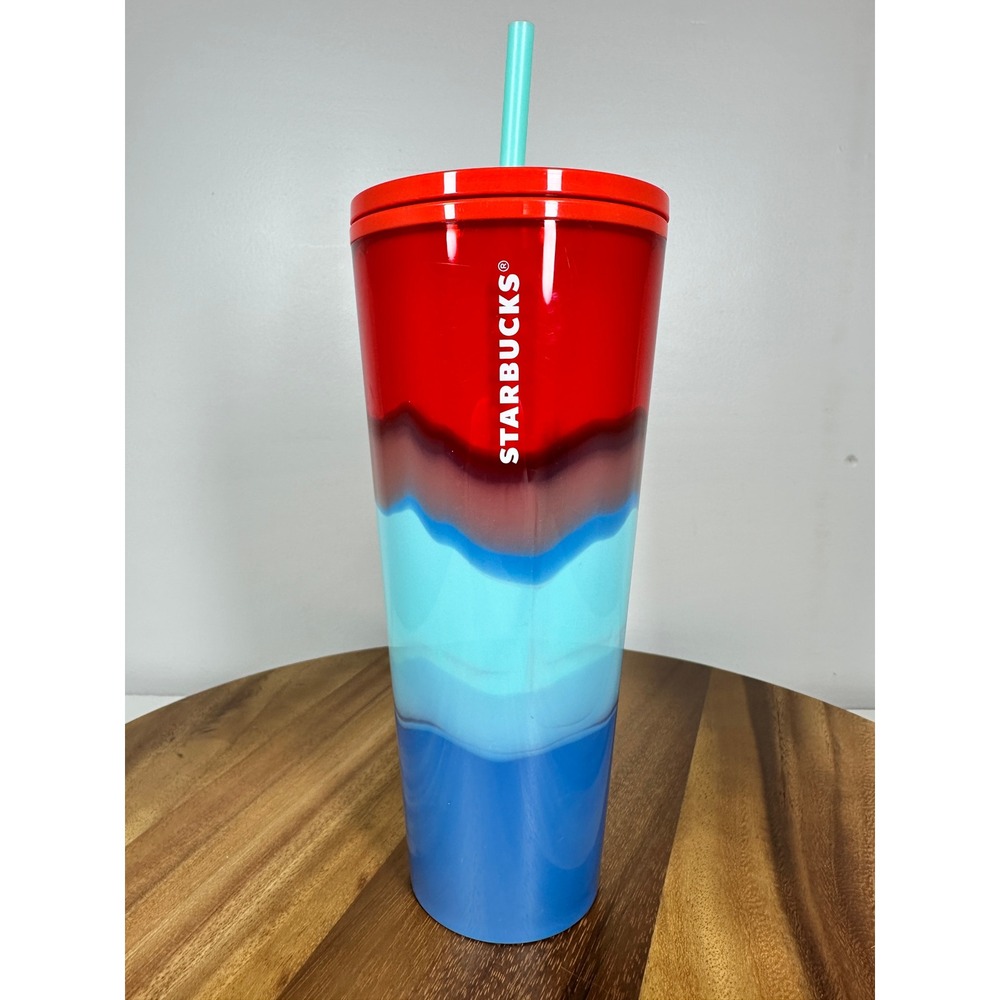 Starbucks 2021 Christmas Holiday Tumbler‎ with Straw Red Blue Waves Ombre 24 oz
